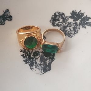 Green gem, gold tone, costume rings